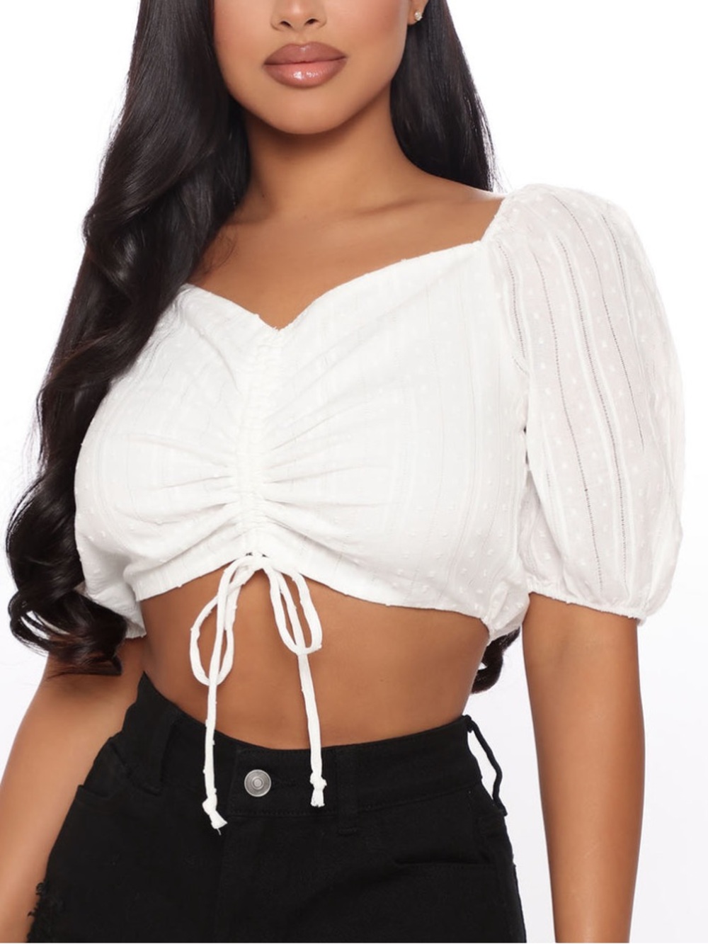 Fashion Nova White Ruched Tie-Front Puff Sleeve Crop Top